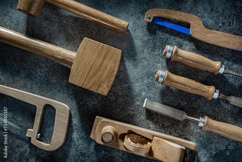 Wooden Mallet And Other Woodworkers Tools In Flat Lay Composed