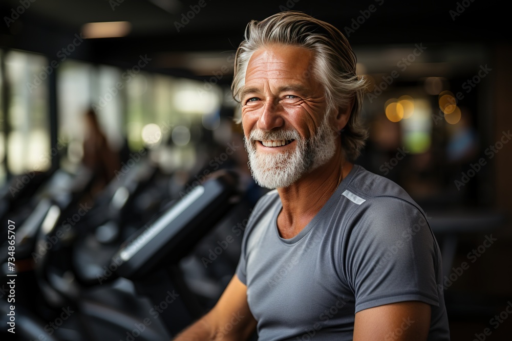 A smiling elderly gray-haired man in good athletic shape in the gym against the background of many sports equipment. A smiling elderly gray-haired man in good athletic shape in the gym against the background of many sports equipment.