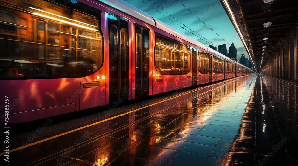 Fototapeta premium A moving subway car, train, at the evening station. Tram stop in the city. Speed, blurry movement of neon lights.