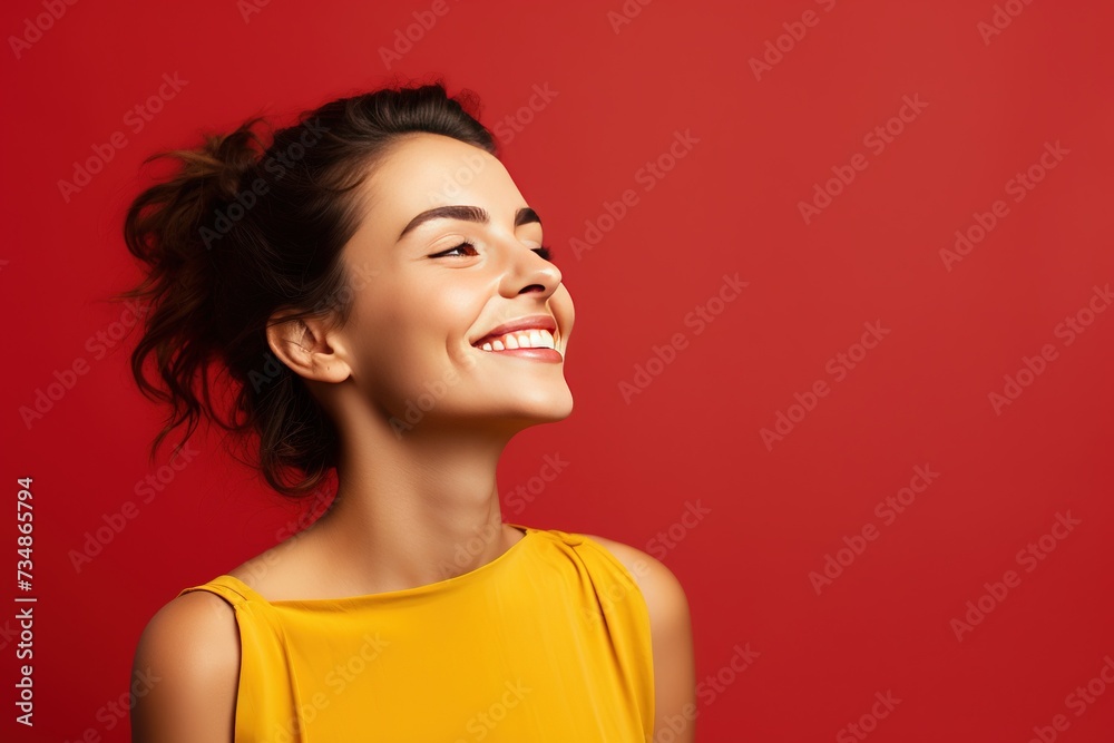 A beautiful young woman with wavy dark hair in a yellow blouse on a red background smiles and looks to the side. A beautiful young woman with wavy dark hair in a yellow blouse on a red background smiles and looks to the side.