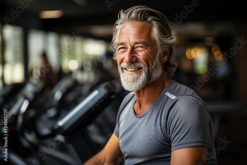 A smiling elderly gray-haired man in good athletic shape in the gym against the background of many sports equipment.