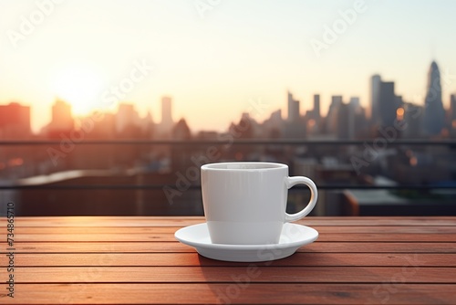 A white cup of coffee, tea stands on a wooden table on a balcony, windowsill overlooking the morning or evening metropolis, skyscrapers, a clear sunny sky.