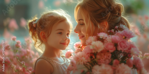 Portrait of a mother and her little daughter together on Mother's Day among flowers blossoms