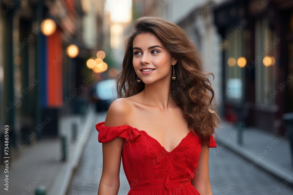 A beautiful dark-haired girl with dark hair in a red summer dress walks along the streets of the city. Fashionable romantic look.