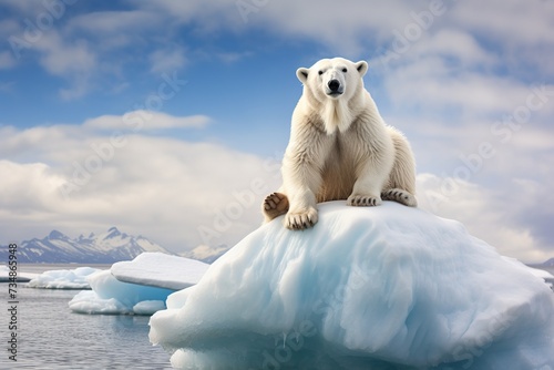 A white polar bear sits on an ice floe in the middle of the Arctic Ocean, surrounded by icebergs.