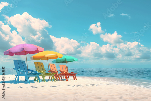 Experience the serenity of a tropical paradise with vibrant beach chairs, a colorful umbrella, and 3D rendering miniatures set against a breathtaking sunset sky
