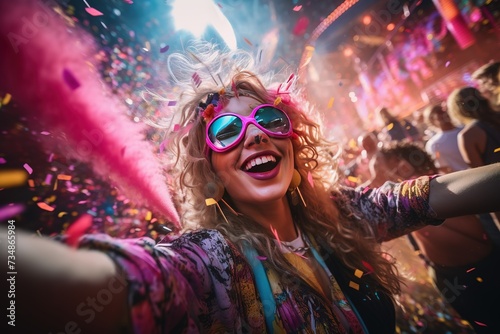 A girl at a rave party dances in a crazy bright costume. Festival, concert, many cheerful people, colors of Holi.