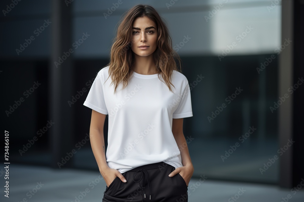 A young beautiful girl in a simple white mock-up T-shirt poses against the backdrop of a deserted city street. A young beautiful girl in a simple white mock-up T-shirt poses against the backdrop of a deserted city street.