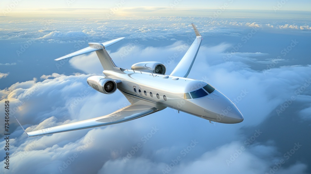 Private Jet Soaring Above Clouds at Sunset