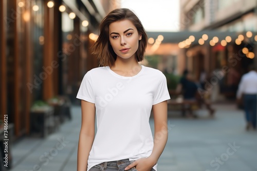 A young beautiful girl in a simple white mock-up T-shirt poses against the backdrop of a deserted city street. © photolas