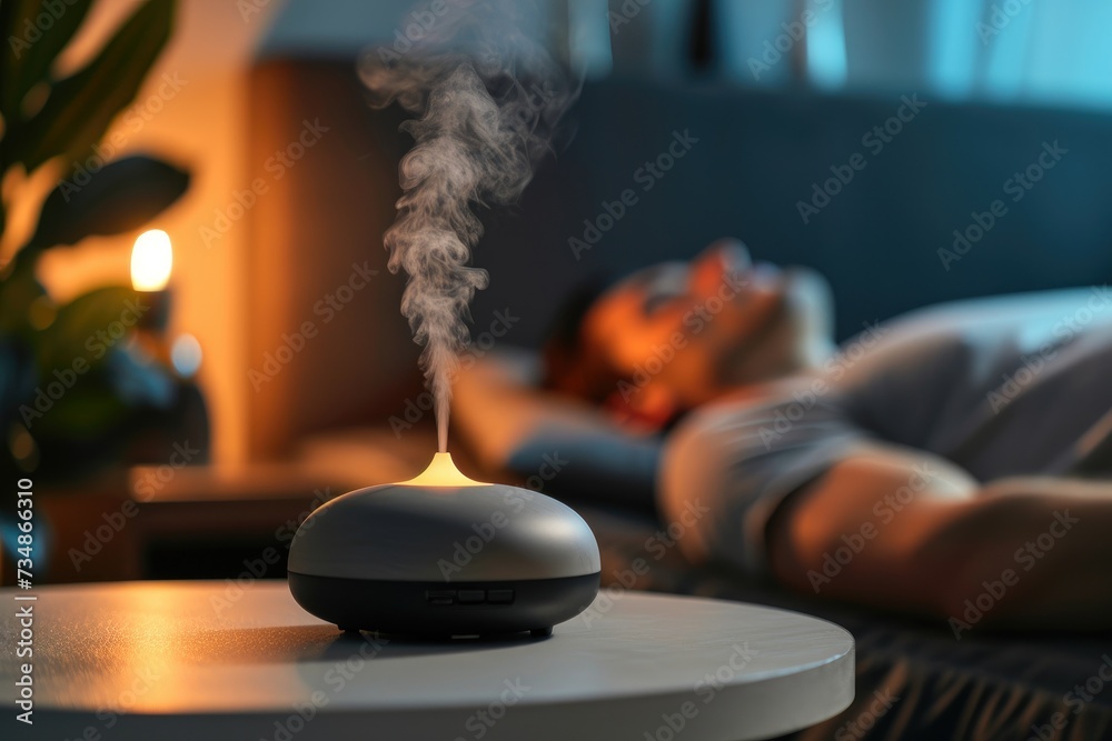 Man sleeping, relaxing in a room with automatic aroma oil diffuser on a table. A cloud of steam