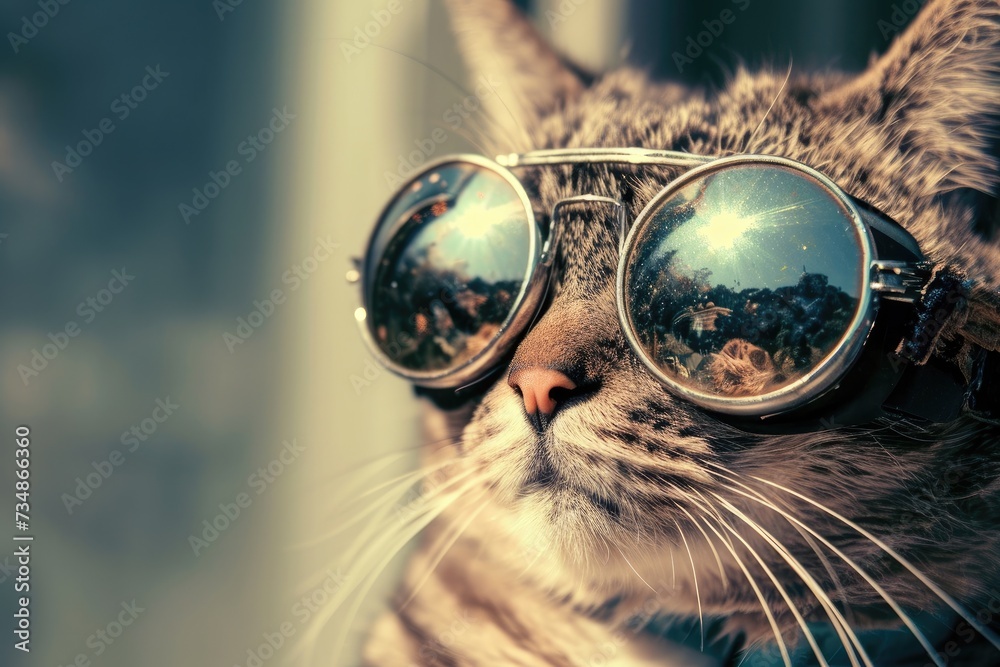 A cat in round cyberpunk glasses with a reflection of the universe and starry sky.