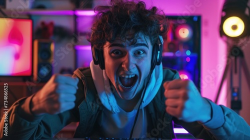 Excited Gamer Playing Video Games in a Neon-Lit Room at Night