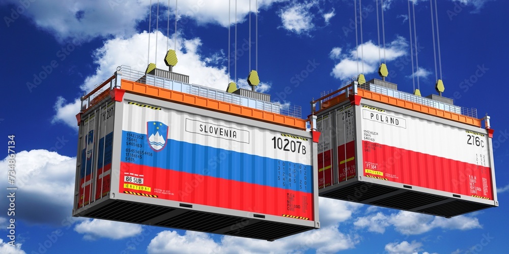 Shipping containers with flags of Slovenia and Poland - 3D illustration