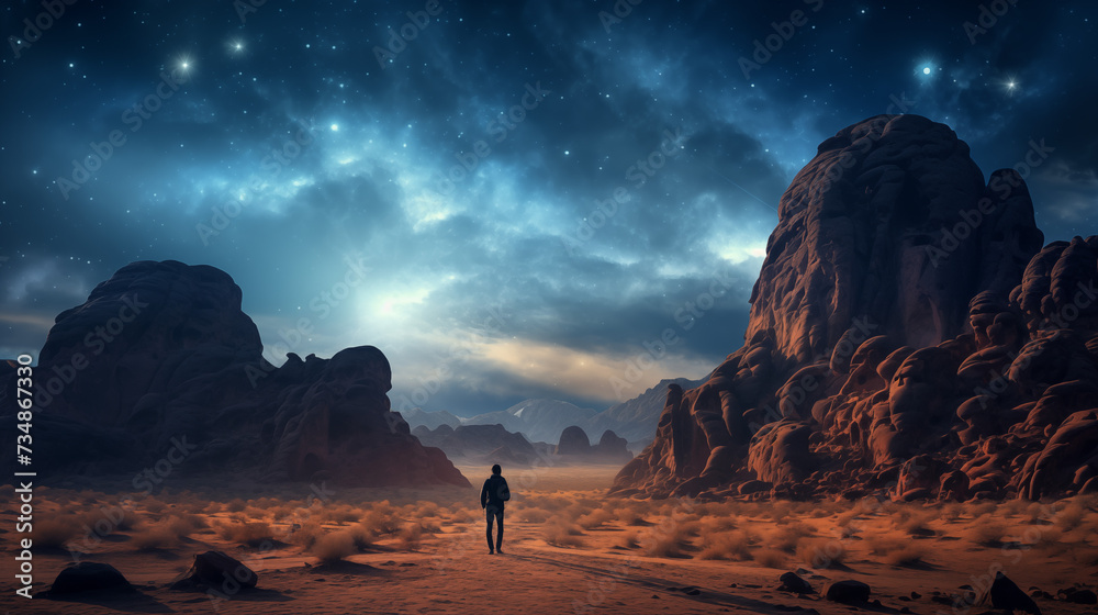 Lone Explorer in a Nighttime Desert Landscape