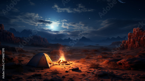 Night Campfire in a Rocky Desert Landscape
