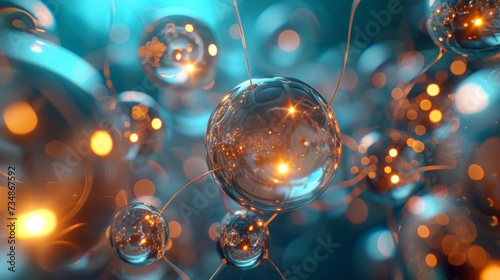 Futuristic Luminous Spheres with Wired Cores - Dark Gold and Azure Digital Art Canvas photo