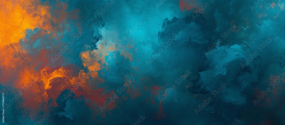 Abstract Surreal Landscape Vibrant Whirls of Blue and Orange Smoke with Intricate Marbled Effects