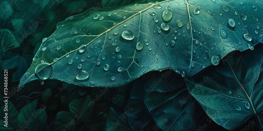 Obraz premium Emerald Rain Lush Leaf Design with Tropical Motifs in Deep Blue and Aquamarine Hues - Photorealistic Illustration