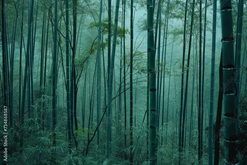 Obraz premium Mystic Bamboo Grove Enigmatic Teal and Verdant Hues with Organic Textures in a Lo-Fi Velvia-Inspired Ambiance
