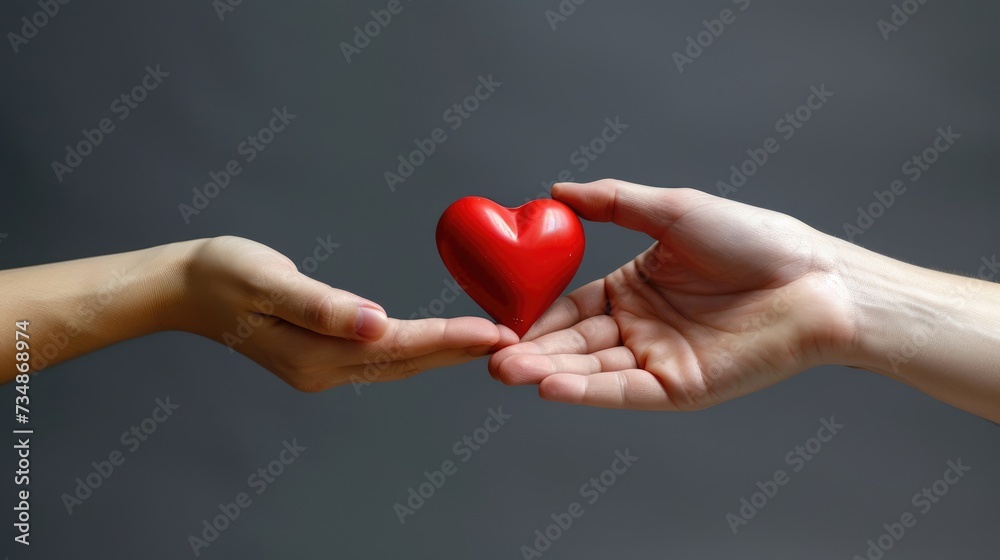 Heart transplant and organ donation concept. One hand is giving red heart to another hand - AI Generated Digital Art