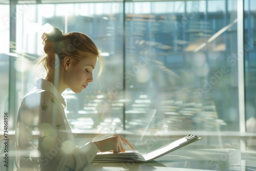 Free Download A business woman in the office attentively looks through, reads and studies documents, data verification and analysis, documentation and jurisprudence, office work - GFXLoad