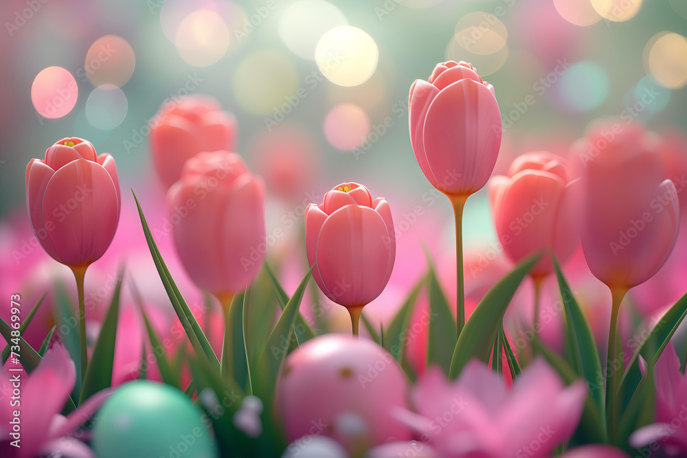 
abstract pastel 3D rendering background with Easter eggs and tulips