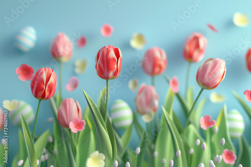  abstract pastel 3D rendering background with Easter eggs and tulips