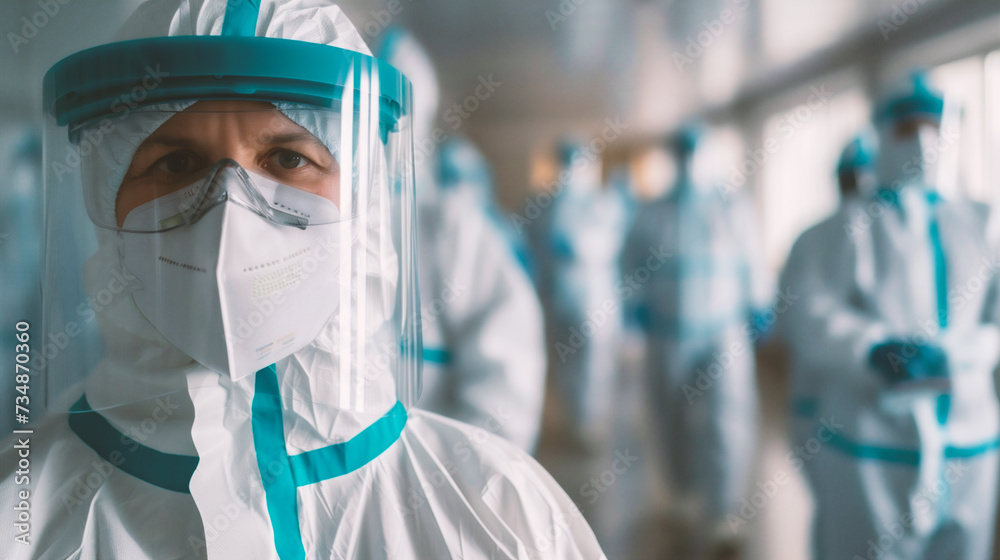 scientist in hazmat suit and mask looking at camera in laboratory scientist in hazmat suit and mask looking at camera in laboratory