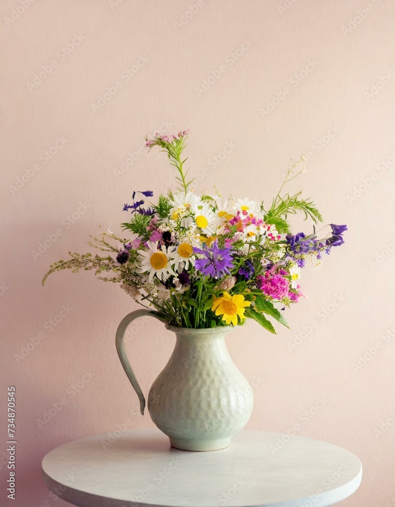 Beautiful bouquet of wildflowers in a ceramic vase on a table stand on a pale pink wall background