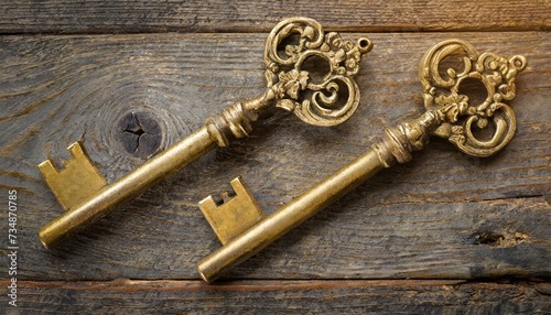 Two old golden keys on wooden table, top view