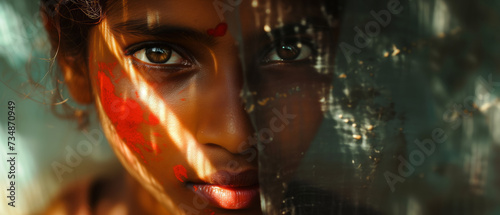Captivating Close-Up Portrait of a Young Woman Adorned with Red Paint, Illuminated by Golden Light photo