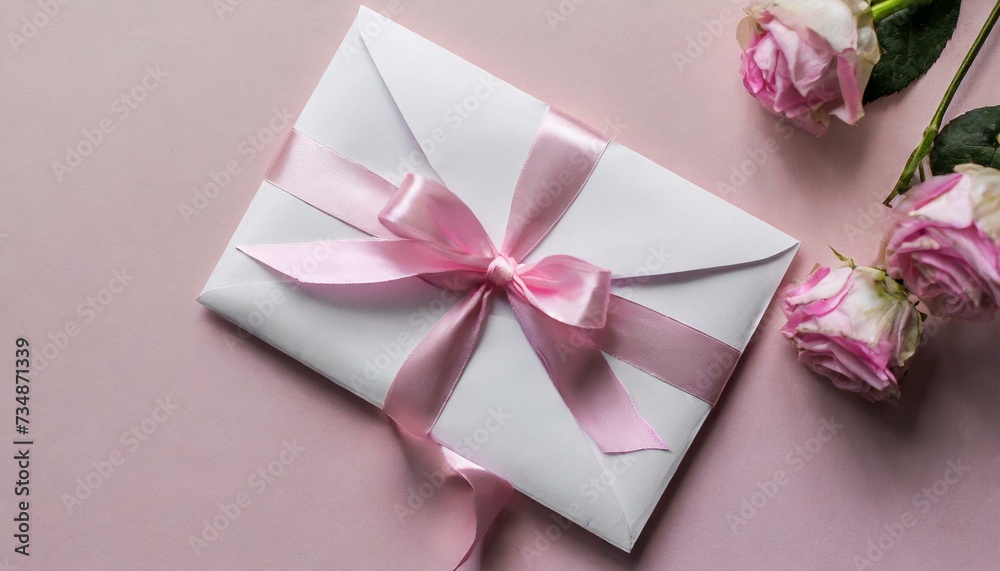 White envelope with a pink ribbon on a light pink table, top view White envelope with a pink ribbon on a light pink table, top view