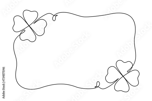 Four leaf clover frame single line drawing. Black and white Saint Patrick's Day minimal shamrock background. Vector illustration.