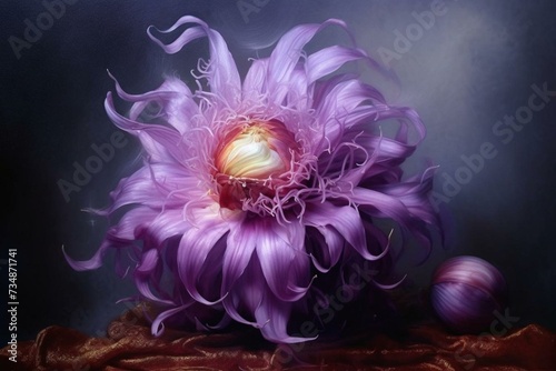 An exquisite rendition of a purple onion flower through an oil painting. Generative AI photo