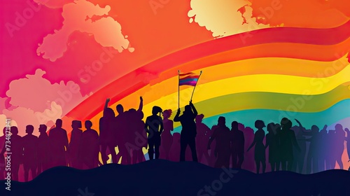 Group of people claiming their pride and power with an LGBT flag