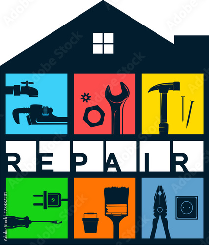 Home repair and service symbol with tools for business