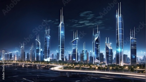 Digital Network Lights on City Architecture  Digital Communication Towers Aglow  Network Lights on City Architecture  Illuminated Communication Towers  Urban Architecture Lit by Digital Network Lights