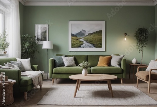 The living room has soft green walls, a comfy green sofa, and modern Scandinavian furniture