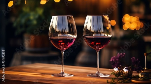 Two wine glasses with red wine on a wooden table 