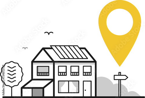 Illustration d'une maison et d'un jardin avec une icône de géolocalisation pour trouver le bon chemin, orientation GPS et carte routière, vecteur noir et blanc isolé, habitation avec panneau solaire