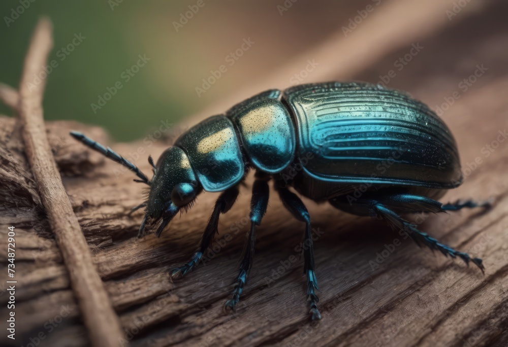 Close-up of a shiny blue beetle on a wooden surface in a forest with a blurred background Close-up of a shiny blue beetle on a wooden surface in a forest with a blurred background