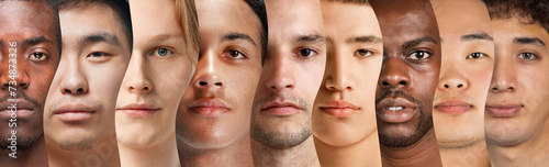 Collage made of cropped close-up portraits of different young men of various age and nationality, looking at camera. Equality. Concept of human diversity, emotions, youth photo