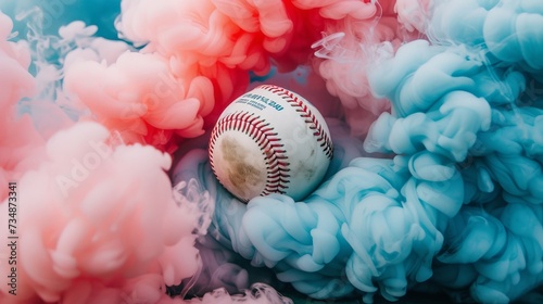 Energetic baseball ball bursting with vivid, multicolored smoke on black backdrop