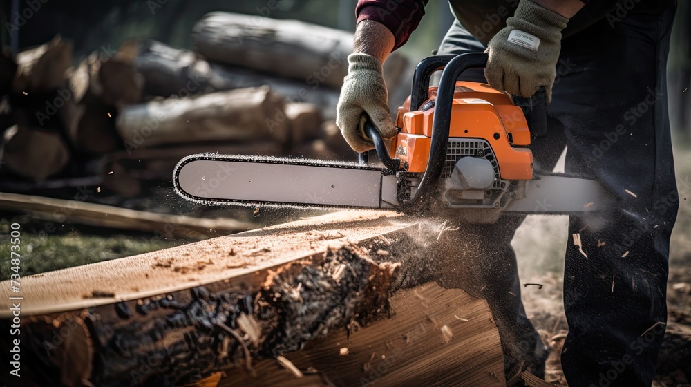 lumberjack using a chainsaw to cut through a large log.