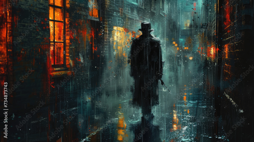 Noir Rain - Mysterious Figure in the City Shower Art