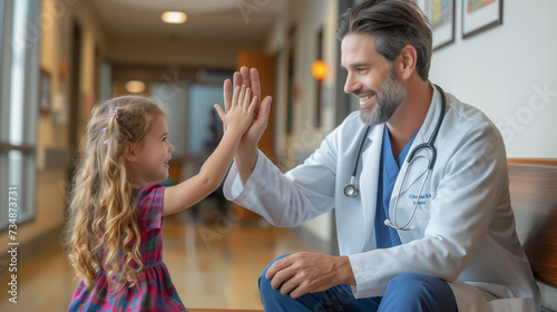Doctor : Friendly pediatrician giving high five to little patient. Cute preschool girl in greeting doctor while sitting on bench in hospital corridor. © aekkorn
