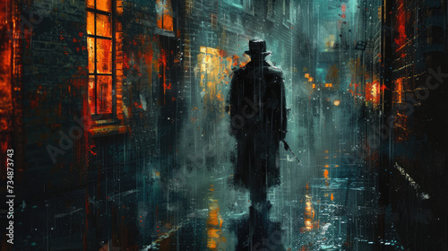 Noir Rain - Mysterious Figure in the City Shower Art