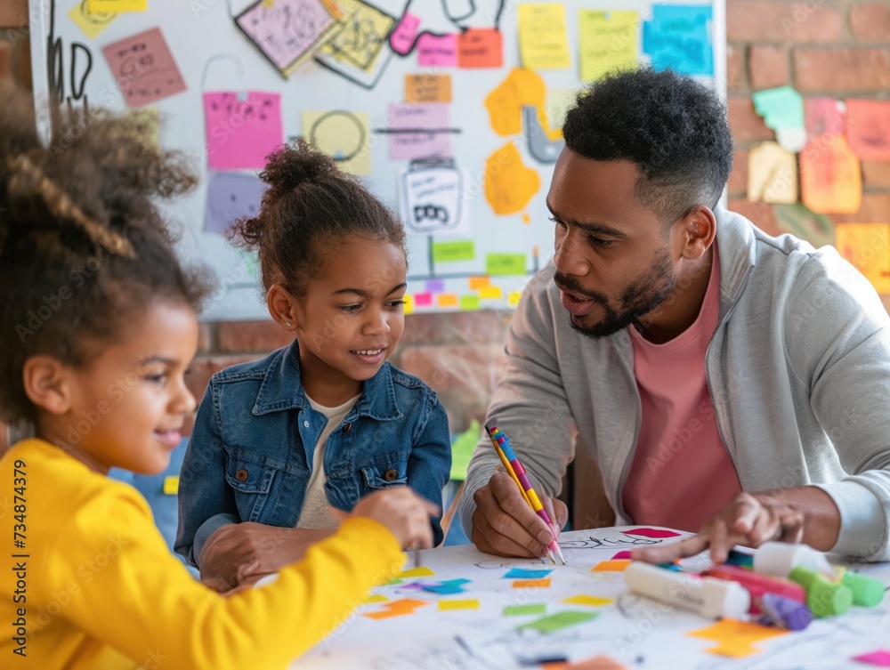 Fototapeta premium A family reviewing their budget plan for the year ahead, with sticky notes and markers on a whiteboard filled with financial goals