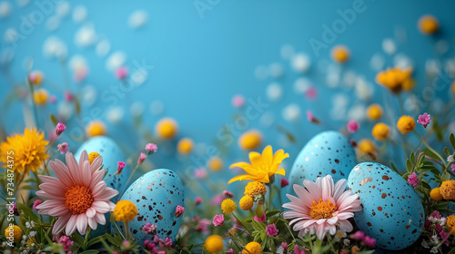 Easter eggs and wildflowers on blue background with copy space